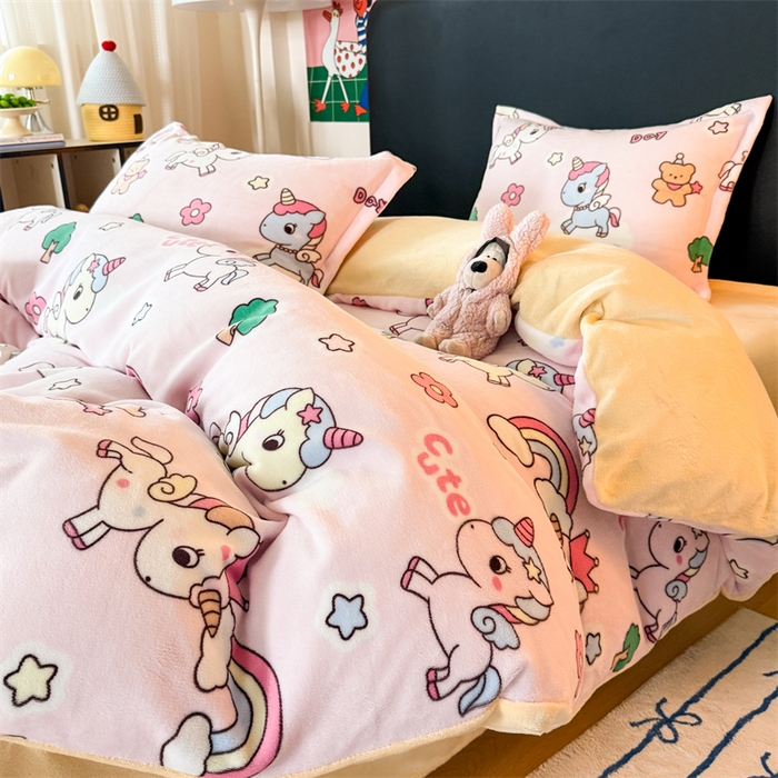 91家纺网 家纺一手货源 找家纺 艾特你 2025新款小清新高克重牛奶绒印花四件套 彩虹宝丽