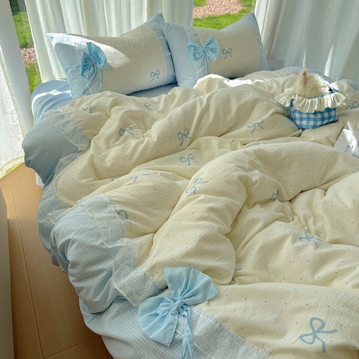 91家纺网 家纺一手货源 找家纺 （总）老K (原美阁） 2025新款水洗棉韩版公主风四件套蝴蝶结