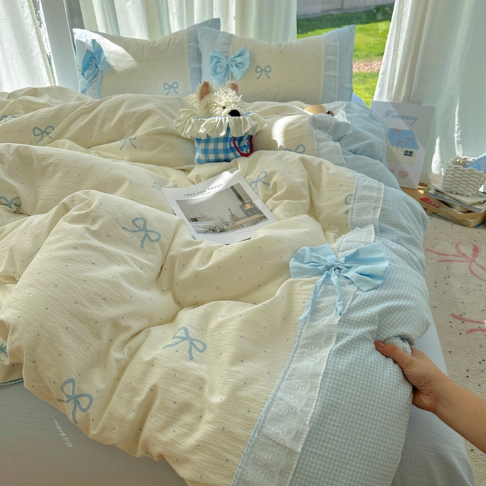 91家纺网 家纺一手货源 找家纺 （总）老K (原美阁） 2025新款水洗棉韩版公主风四件套蝴蝶结