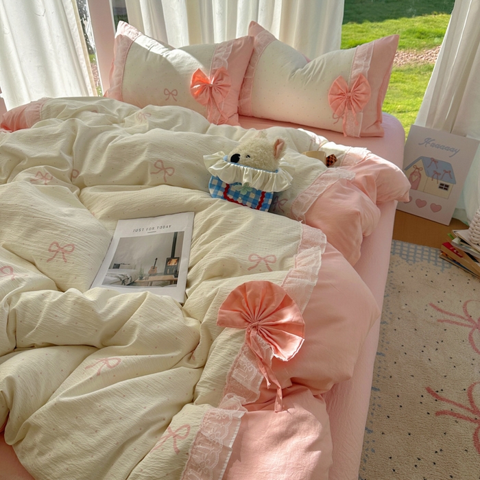 91家纺网 家纺一手货源 找家纺 老K (原美阁） 2025新款水洗棉韩版公主风四件套蝴蝶结 蝴蝶结-粉