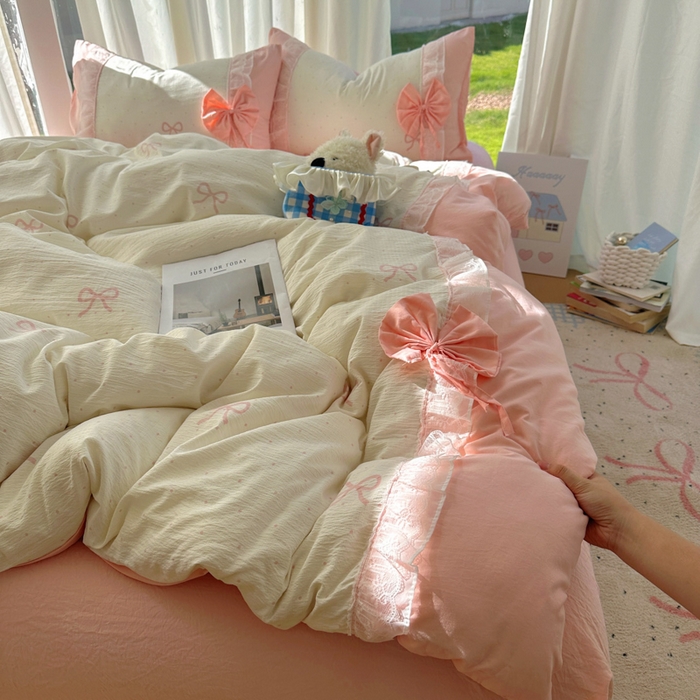 91家纺网 家纺一手货源 找家纺 老K (原美阁） 2025新款水洗棉韩版公主风四件套蝴蝶结 蝴蝶结-粉