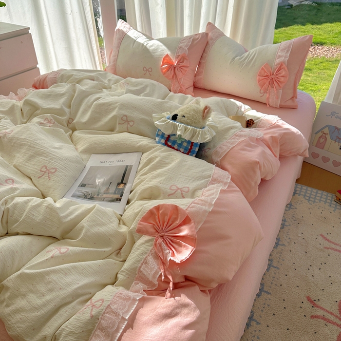 91家纺网 家纺一手货源 找家纺 老K (原美阁） 2025新款水洗棉韩版公主风四件套蝴蝶结 蝴蝶结-粉