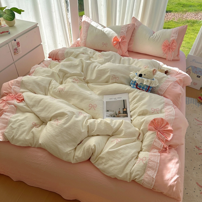 91家纺网 家纺一手货源 找家纺 老K (原美阁） 2025新款水洗棉韩版公主风四件套蝴蝶结 蝴蝶结-粉