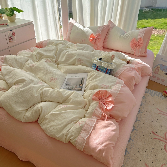 91家纺网 家纺一手货源 找家纺 老K (原美阁） 2025新款水洗棉韩版公主风四件套蝴蝶结 蝴蝶结-粉