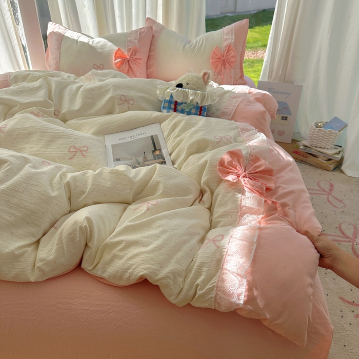 91家纺网 家纺一手货源 找家纺 老K (原美阁） 2025新款水洗棉韩版公主风四件套蝴蝶结 蝴蝶结-粉