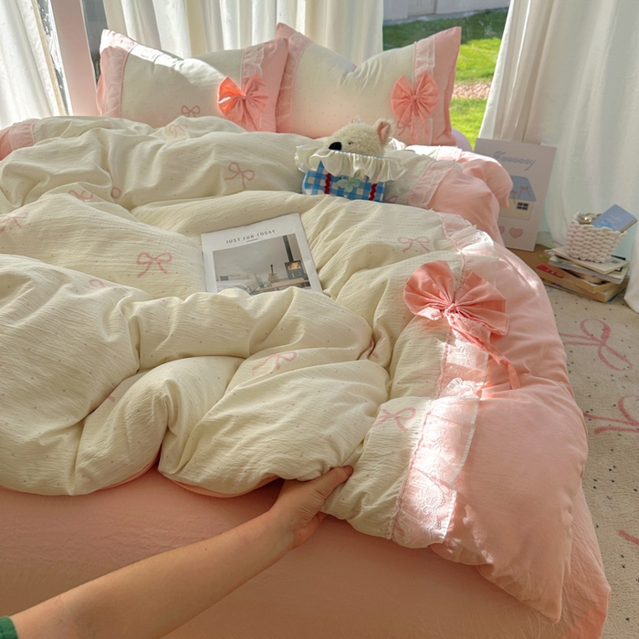 91家纺网 家纺一手货源 找家纺 老K (原美阁） 2025新款水洗棉韩版公主风四件套蝴蝶结 蝴蝶结-粉