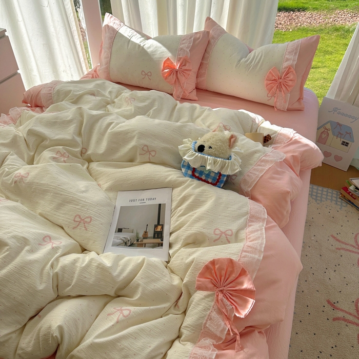 91家纺网 家纺一手货源 找家纺 老K (原美阁） 2025新款水洗棉韩版公主风四件套蝴蝶结 蝴蝶结-粉