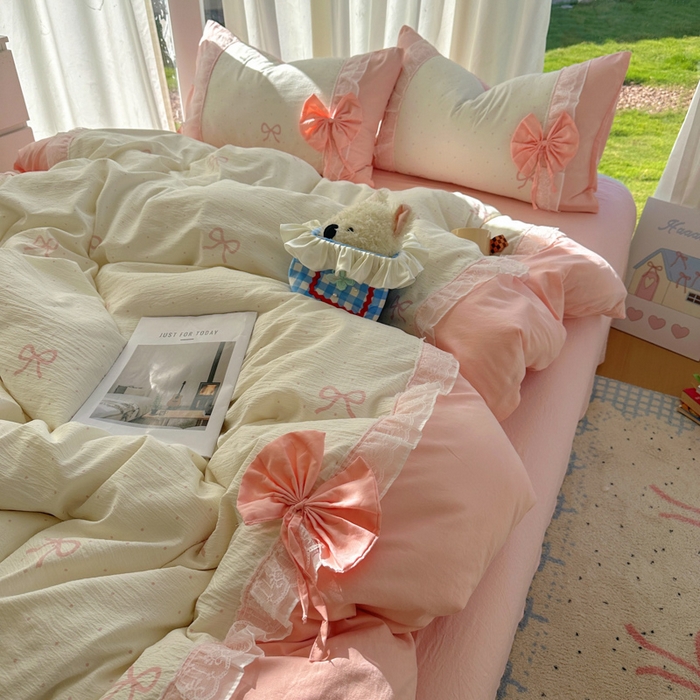 91家纺网 家纺一手货源 找家纺 老K (原美阁） 2025新款水洗棉韩版公主风四件套蝴蝶结 蝴蝶结-粉