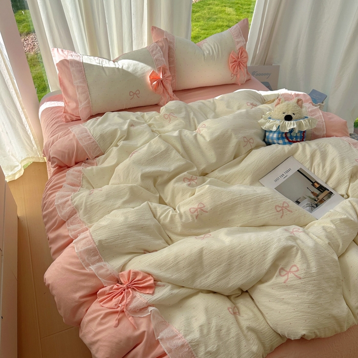 91家纺网 家纺一手货源 找家纺 老K (原美阁） 2025新款水洗棉韩版公主风四件套蝴蝶结 蝴蝶结-粉