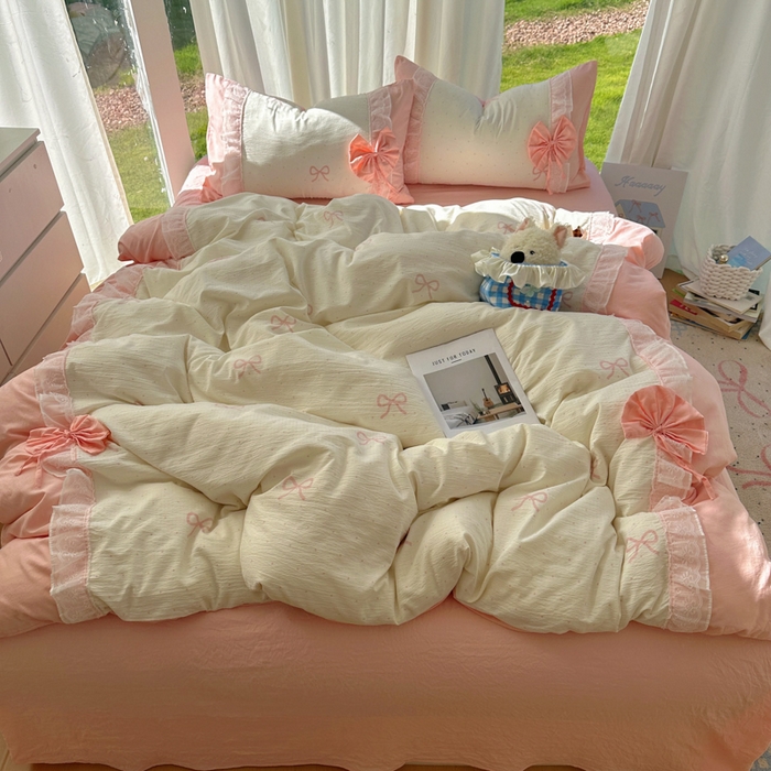 91家纺网 家纺一手货源 找家纺 老K (原美阁） 2025新款水洗棉韩版公主风四件套蝴蝶结 蝴蝶结-粉