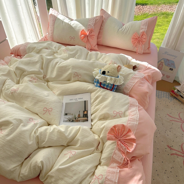 91家纺网 家纺一手货源 找家纺 老K (原美阁） 2025新款水洗棉韩版公主风四件套蝴蝶结 蝴蝶结-粉