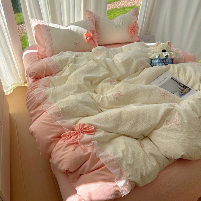 91家纺网 家纺一手货源 找家纺 老K (原美阁） 2025新款水洗棉韩版公主风四件套蝴蝶结 蝴蝶结-粉