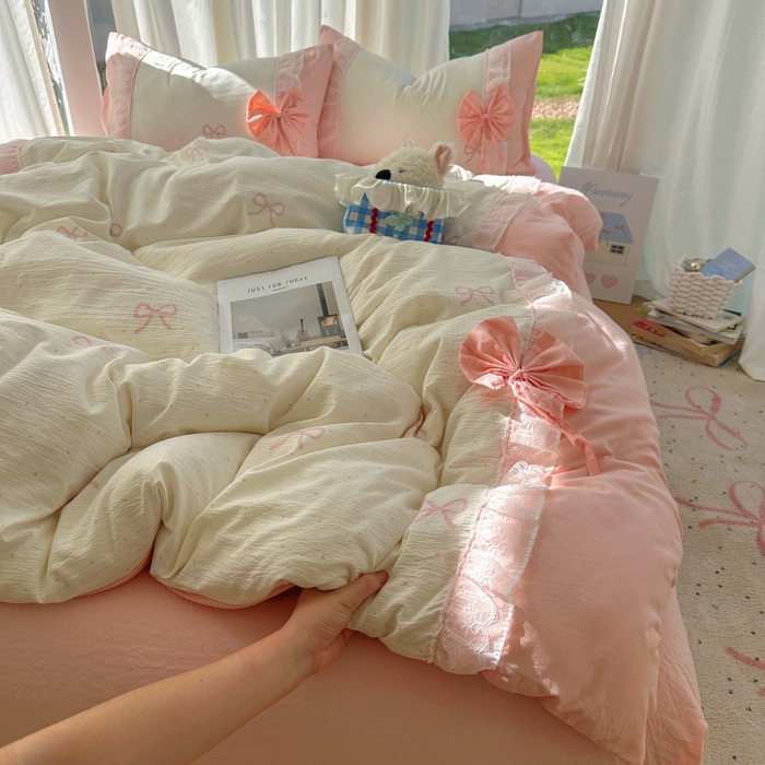 91家纺网 家纺一手货源 找家纺 老K (原美阁） 2025新款水洗棉韩版公主风四件套蝴蝶结 蝴蝶结-粉