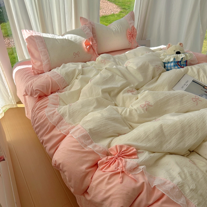 91家纺网 家纺一手货源 找家纺 老K (原美阁） 2025新款水洗棉韩版公主风四件套蝴蝶结 蝴蝶结-粉