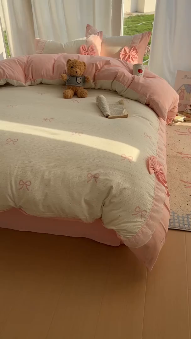 91家纺网 家纺一手货源 找家纺 老K (原美阁） 2025新款水洗棉韩版公主风四件套蝴蝶结 蝴蝶结-粉