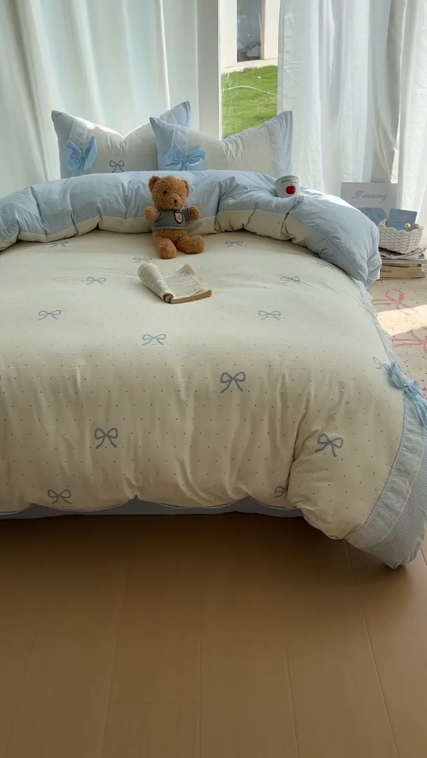 91家纺网 家纺一手货源 找家纺 （总）老K (原美阁） 2025新款水洗棉韩版公主风四件套蝴蝶结