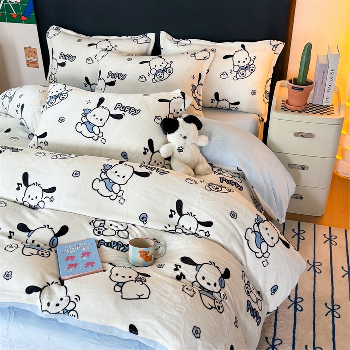 91家纺网 家纺一手货源 找家纺 艾特你 2025新款小清新高克重牛奶绒印花四件套 大耳狗