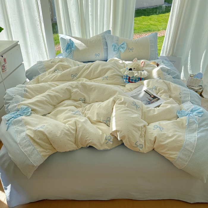 91家纺网 家纺一手货源 找家纺 老K (原美阁） 2025新款水洗棉韩版公主风四件套蝴蝶结 蝴蝶结-蓝