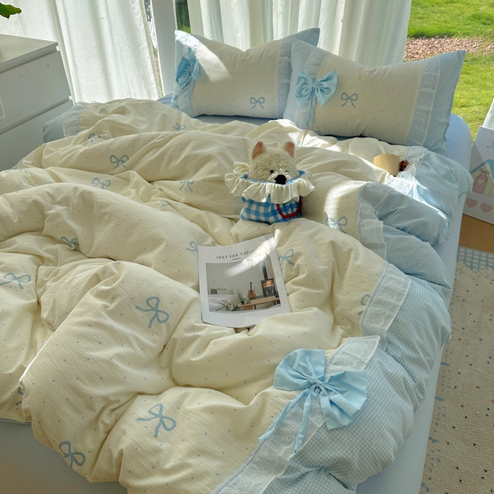 91家纺网 家纺一手货源 找家纺 老K (原美阁） 2025新款水洗棉韩版公主风四件套蝴蝶结 蝴蝶结-蓝