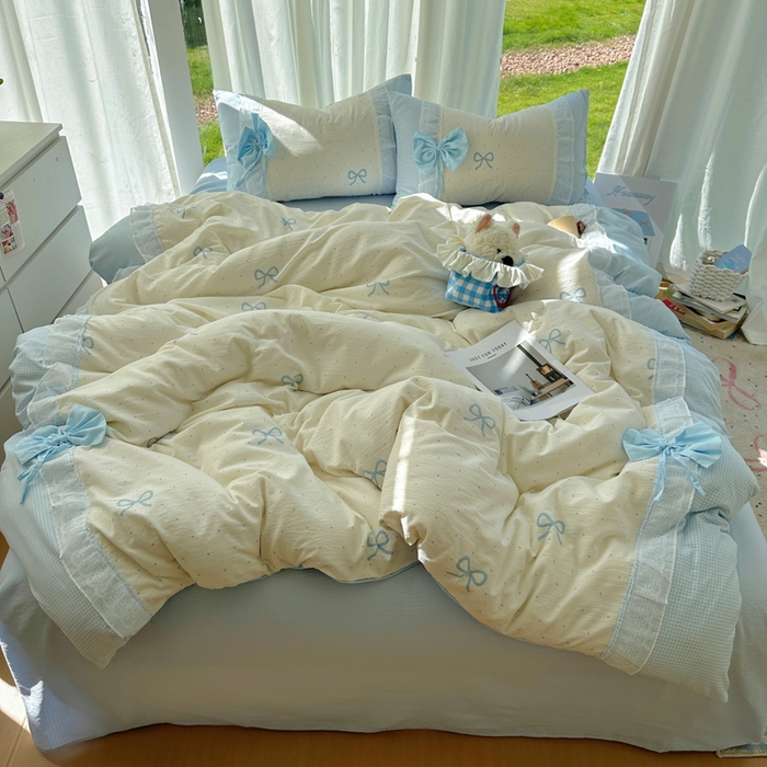 91家纺网 家纺一手货源 找家纺 老K (原美阁） 2025新款水洗棉韩版公主风四件套蝴蝶结 蝴蝶结-蓝