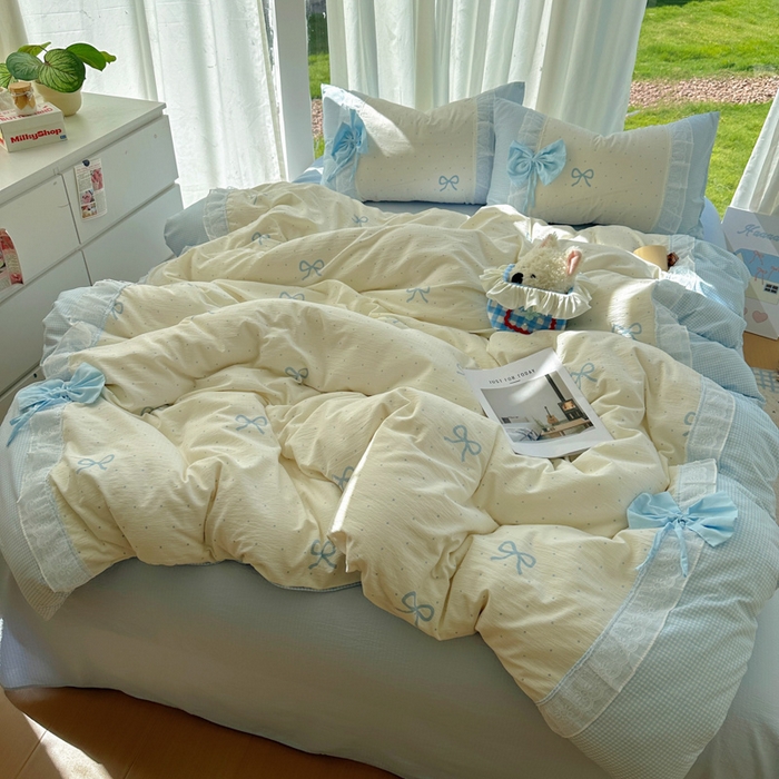 91家纺网 家纺一手货源 找家纺 老K (原美阁） 2025新款水洗棉韩版公主风四件套蝴蝶结 蝴蝶结-蓝