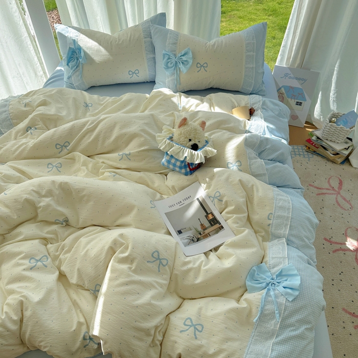 91家纺网 家纺一手货源 找家纺 老K (原美阁） 2025新款水洗棉韩版公主风四件套蝴蝶结 蝴蝶结-蓝