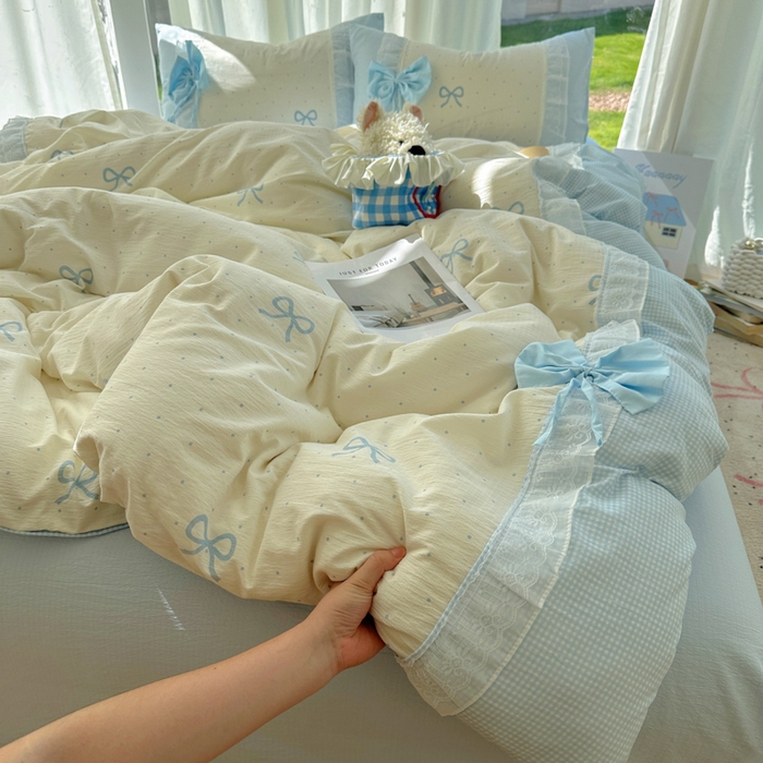 91家纺网 家纺一手货源 找家纺 老K (原美阁） 2025新款水洗棉韩版公主风四件套蝴蝶结 蝴蝶结-蓝