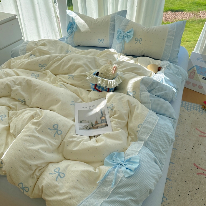 91家纺网 家纺一手货源 找家纺 老K (原美阁） 2025新款水洗棉韩版公主风四件套蝴蝶结 蝴蝶结-蓝