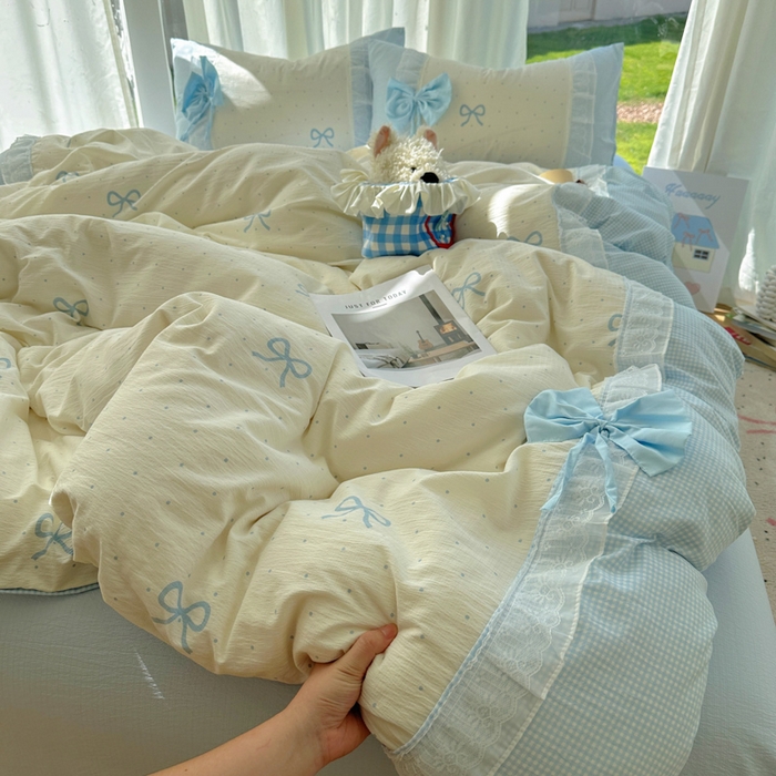 91家纺网 家纺一手货源 找家纺 老K (原美阁） 2025新款水洗棉韩版公主风四件套蝴蝶结 蝴蝶结-蓝