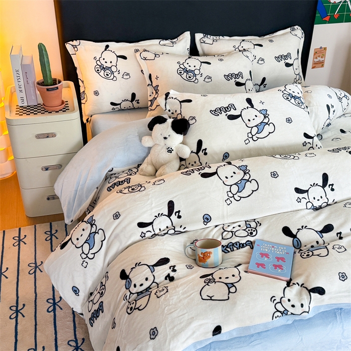 91家纺网 家纺一手货源 找家纺 艾特你 2025新款小清新高克重牛奶绒印花四件套 大耳狗