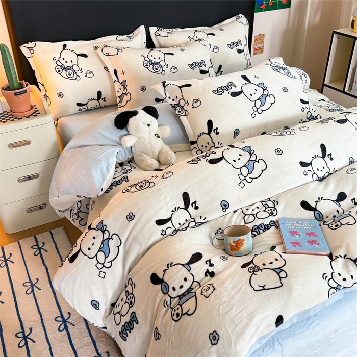 91家纺网 家纺一手货源 找家纺 艾特你 2025新款小清新高克重牛奶绒印花四件套 大耳狗