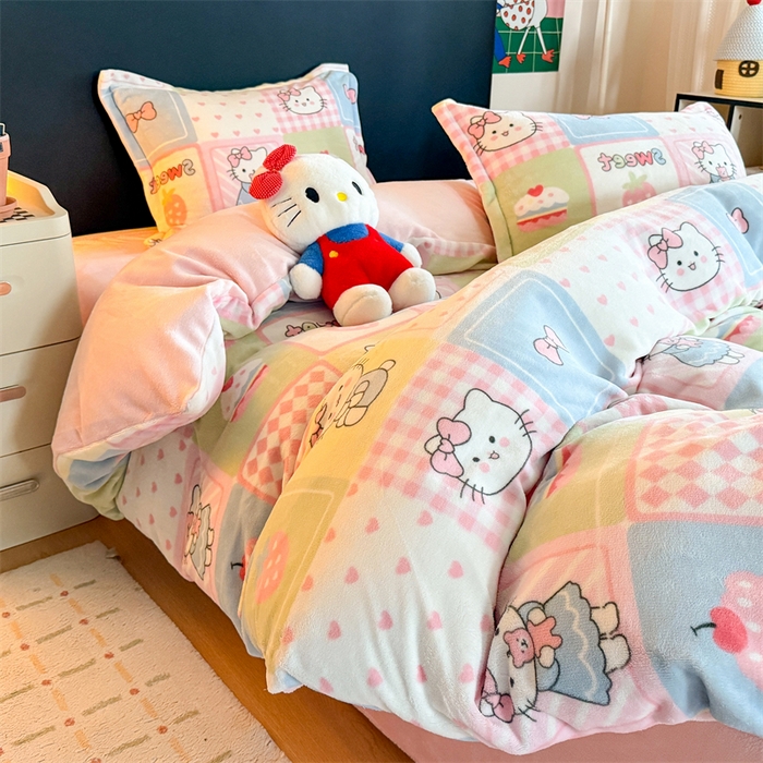 艾特你 2025新款小清新高克重牛奶绒印花四件套 格子猫咪