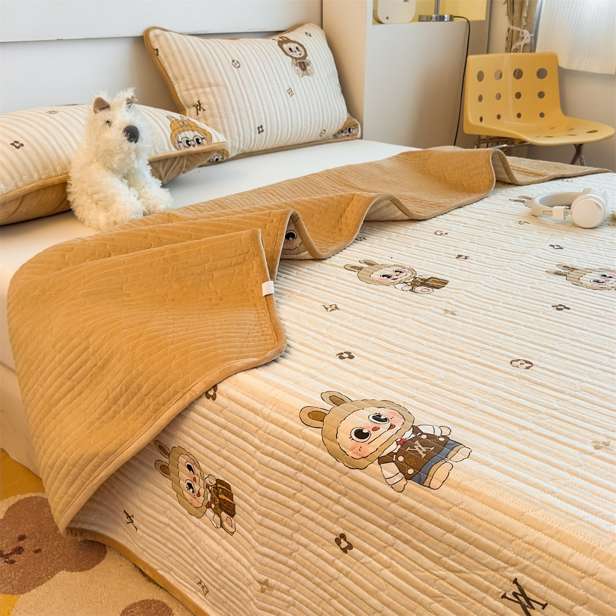 91家纺网 家纺一手货源 找家纺 恒爱家纺 2025新款全棉宝宝绒双拼床盖三件套 拉布布