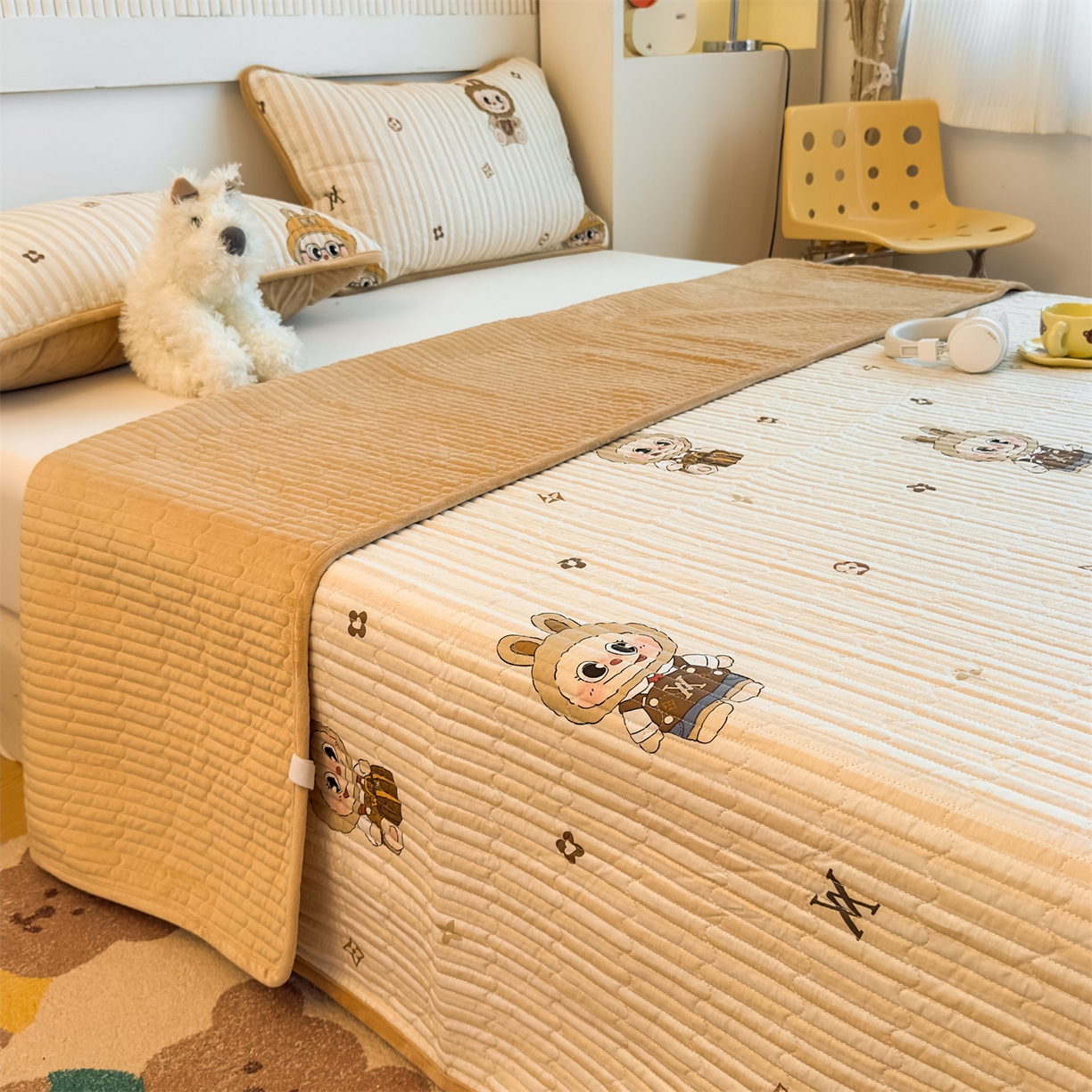 91家纺网 家纺一手货源 找家纺 恒爱家纺 2025新款全棉宝宝绒双拼床盖三件套 拉布布