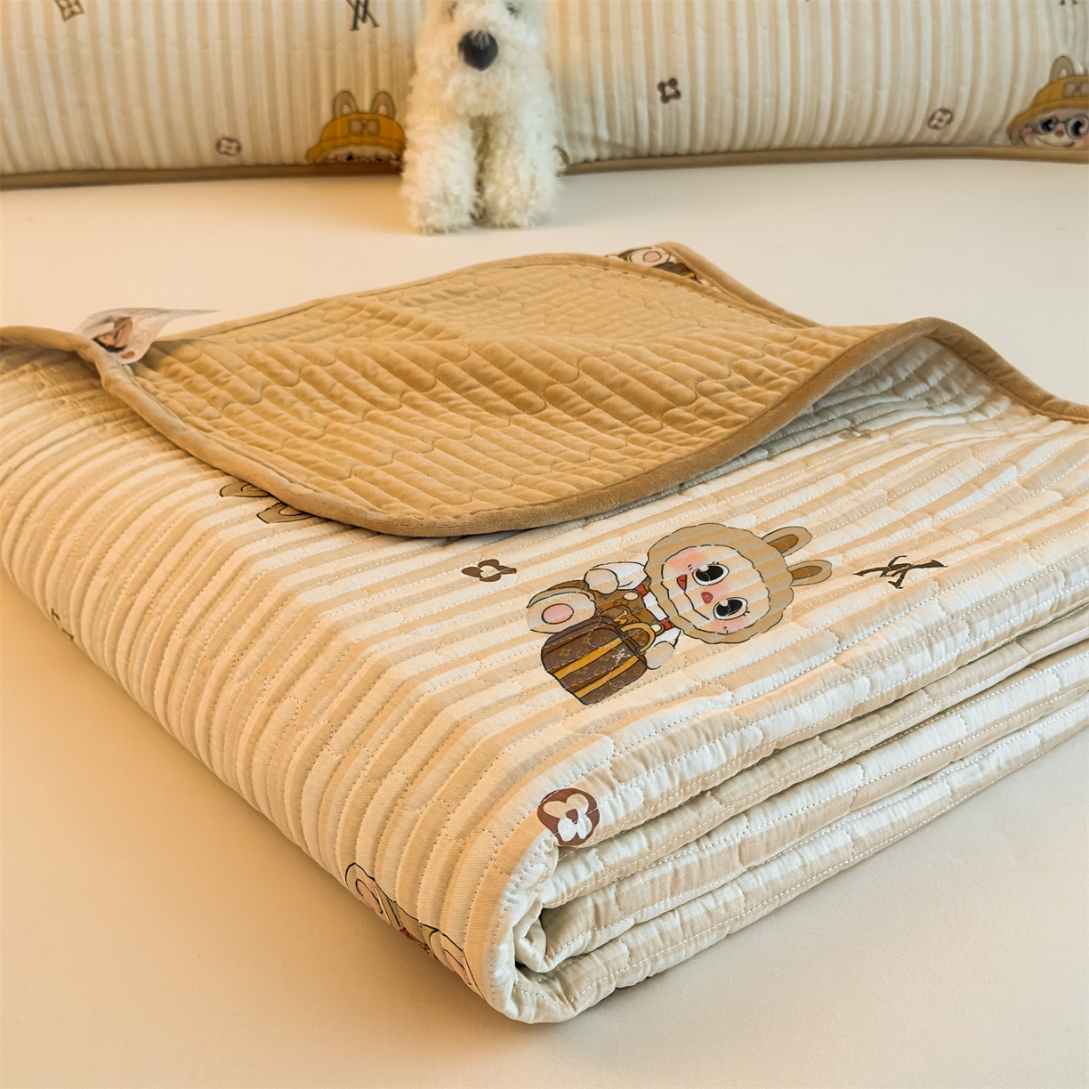 91家纺网 家纺一手货源 找家纺 恒爱家纺 2025新款全棉宝宝绒双拼床盖三件套 拉布布