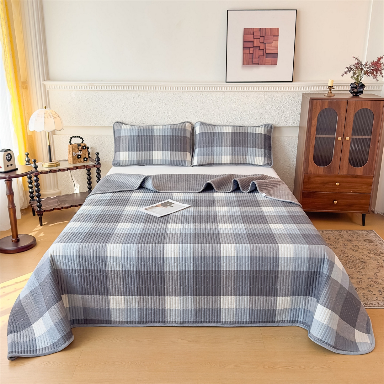 恒爱家纺 2025新款全棉宝宝绒双拼床盖三件套 蓝灰大格
