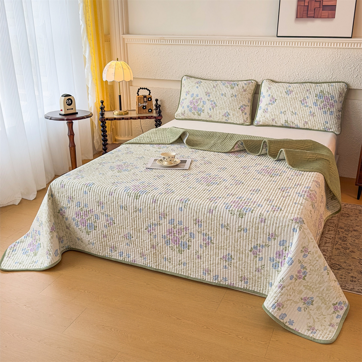 91家纺网 家纺一手货源 找家纺 恒爱家纺 2025新款全棉宝宝绒双拼床盖三件套 蓝香芥