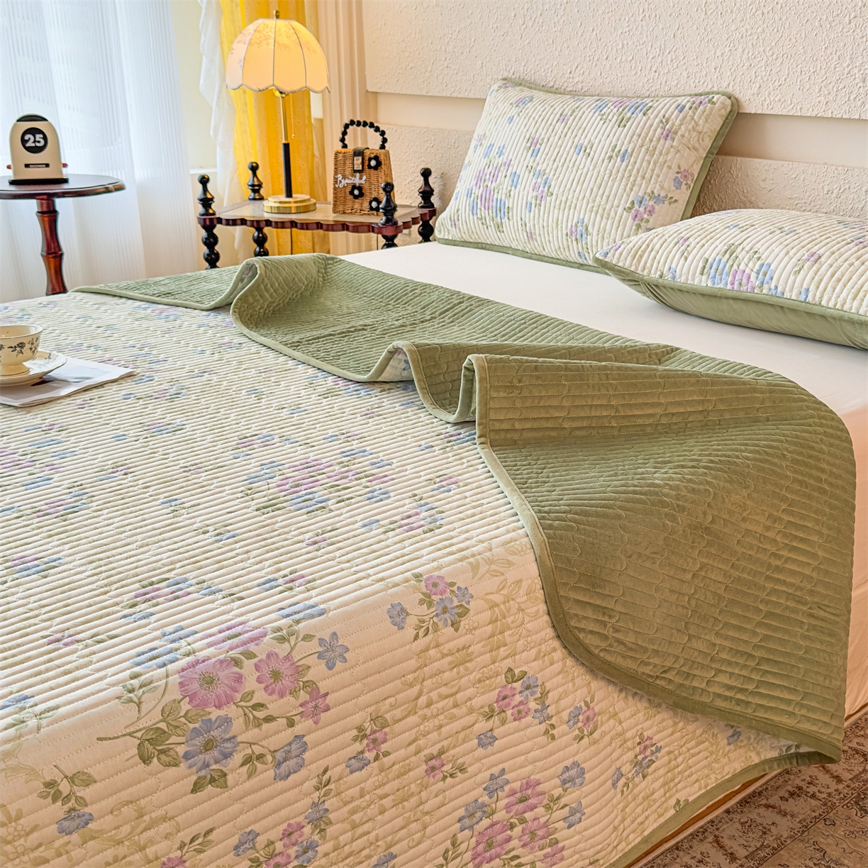 91家纺网 家纺一手货源 找家纺 恒爱家纺 2025新款全棉宝宝绒双拼床盖三件套 蓝香芥