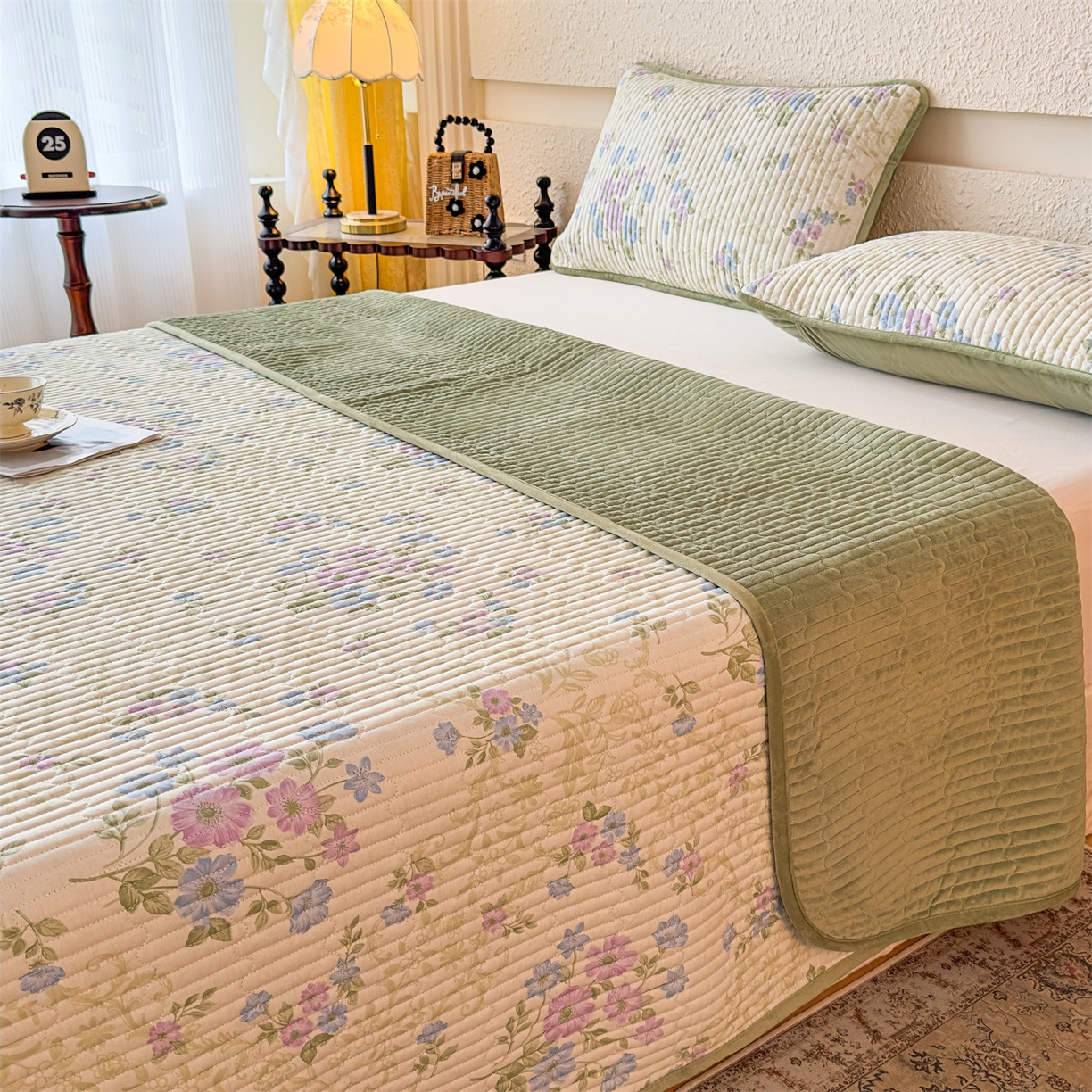 91家纺网 家纺一手货源 找家纺 恒爱家纺 2025新款全棉宝宝绒双拼床盖三件套 蓝香芥