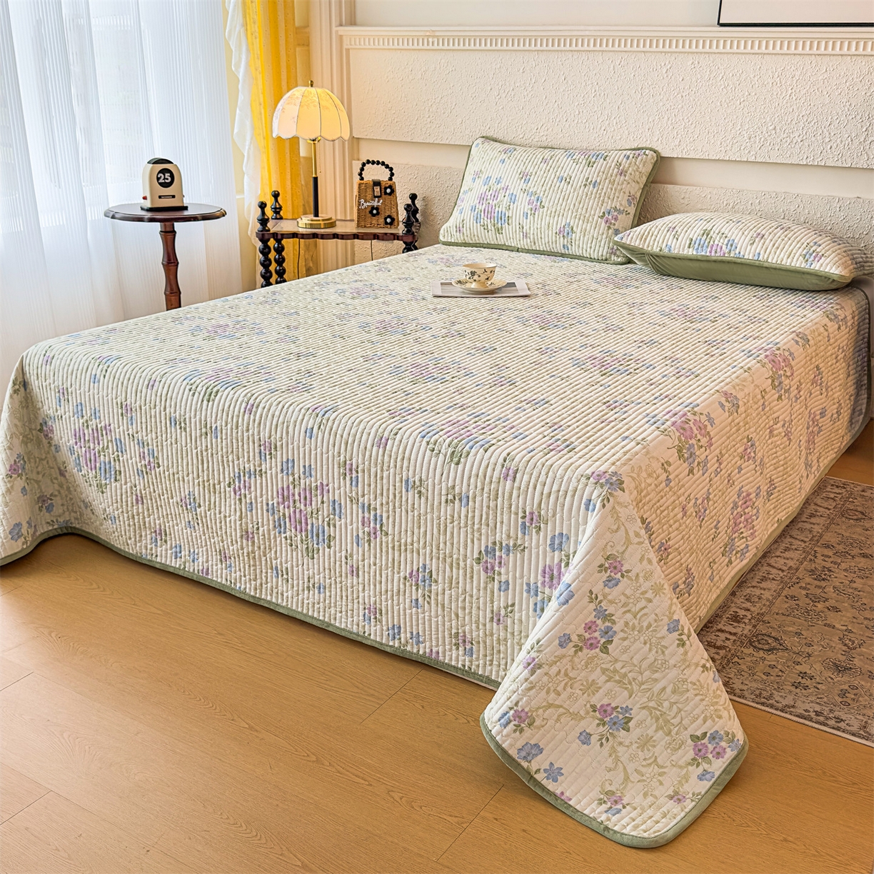 91家纺网 家纺一手货源 找家纺 恒爱家纺 2025新款全棉宝宝绒双拼床盖三件套 蓝香芥