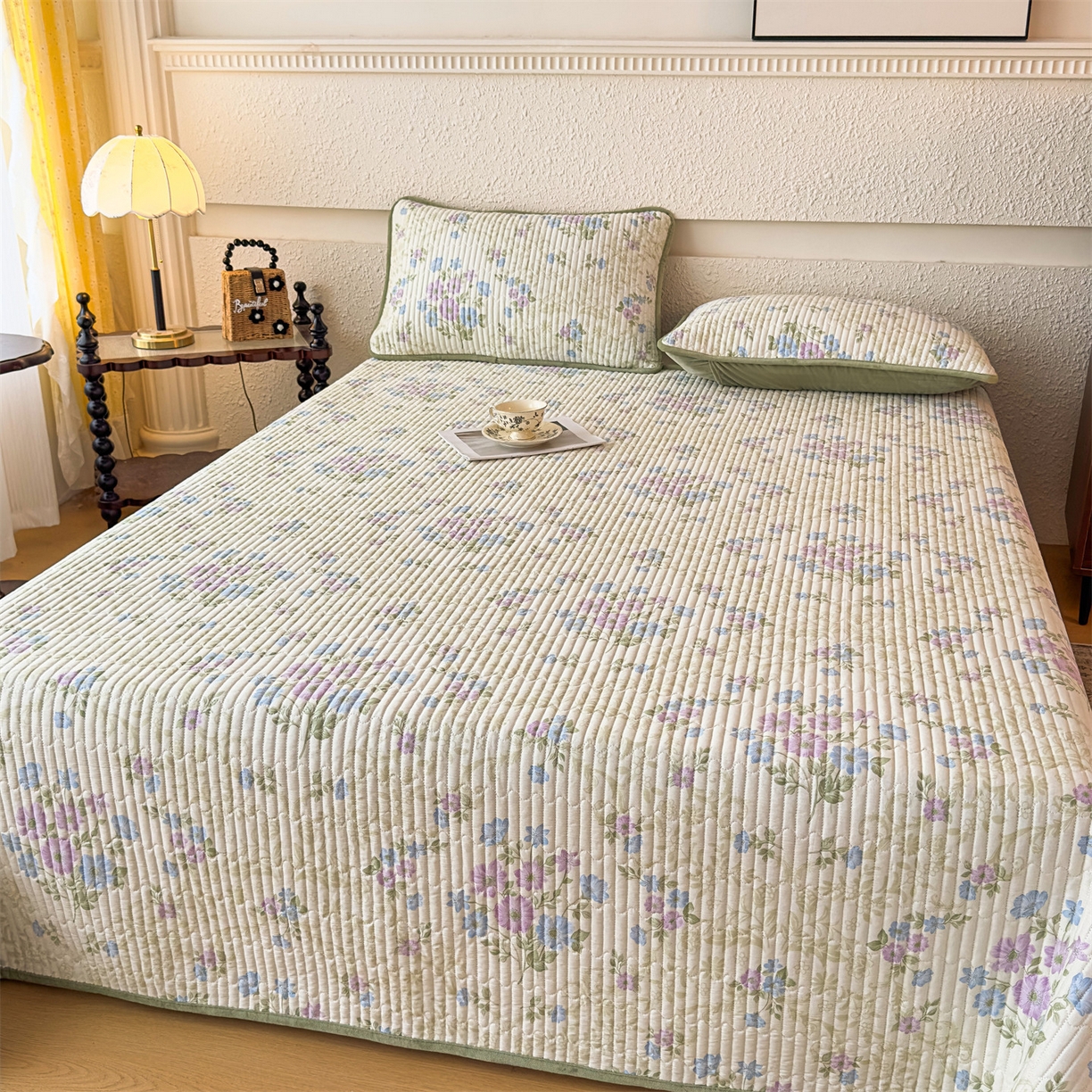 91家纺网 家纺一手货源 找家纺 恒爱家纺 2025新款全棉宝宝绒双拼床盖三件套 蓝香芥