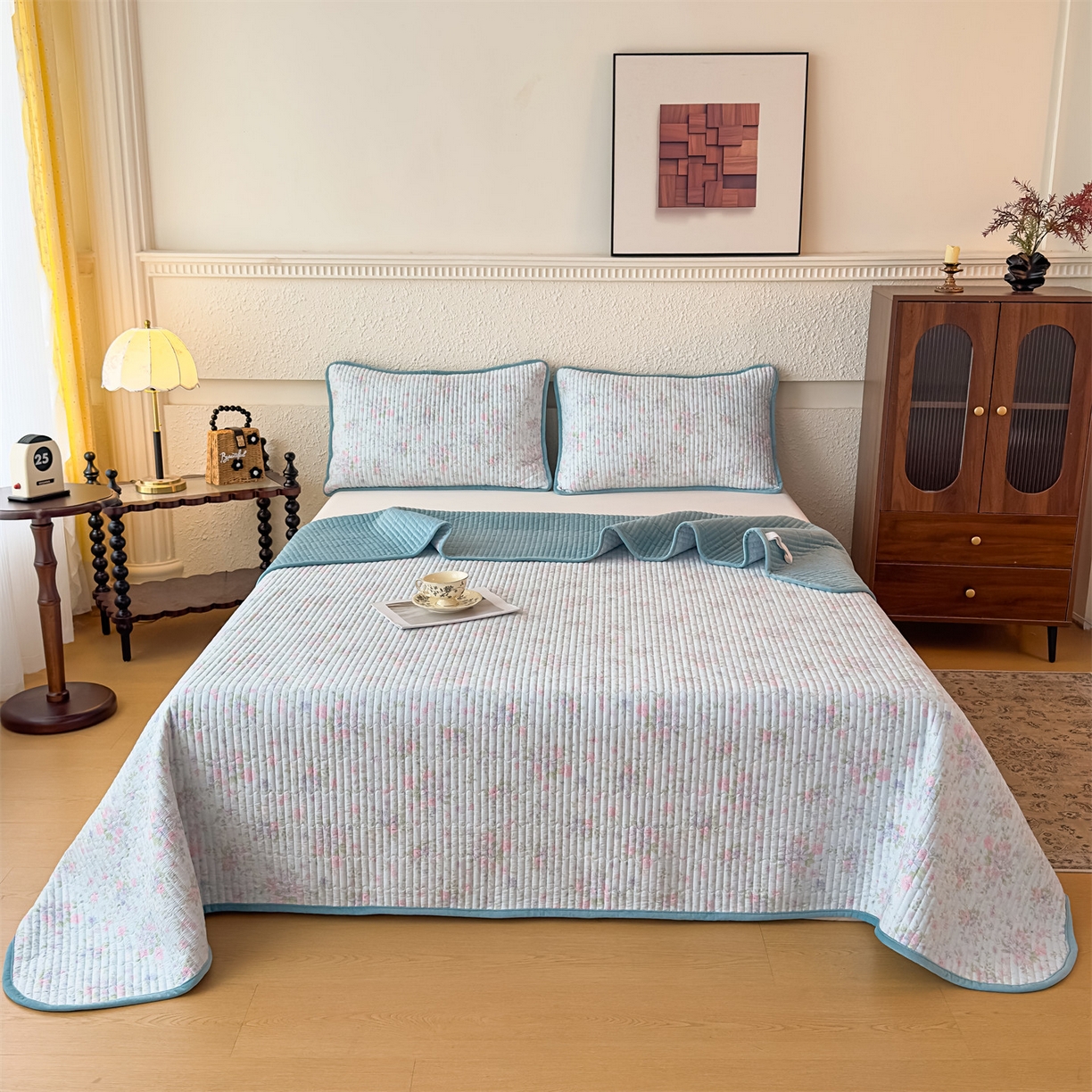 恒爱家纺 2025新款全棉宝宝绒双拼床盖三件套 蓝雪花