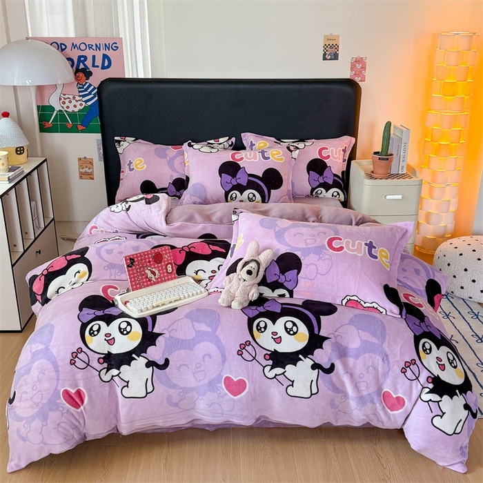 91家纺网 家纺一手货源 找家纺 艾特你 2025新款小清新高克重牛奶绒印花四件套 库米洛