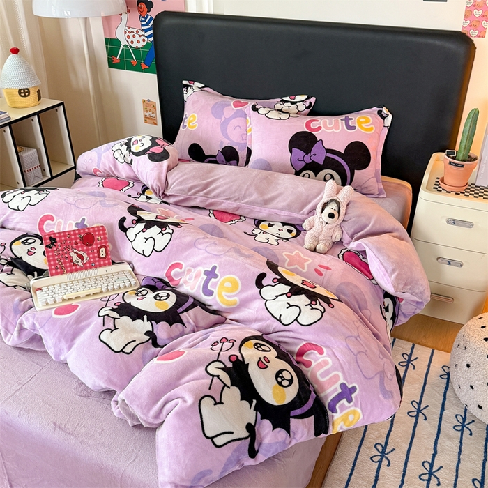 91家纺网 家纺一手货源 找家纺 艾特你 2025新款小清新高克重牛奶绒印花四件套 库米洛