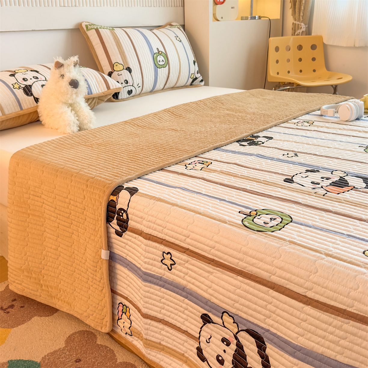 91家纺网 家纺一手货源 找家纺 恒爱家纺 2025新款全棉宝宝绒双拼床盖三件套 萌宠卫士