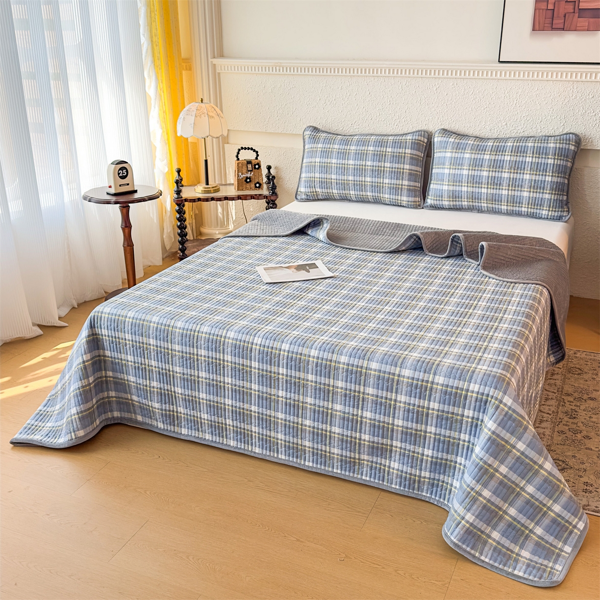 91家纺网 家纺一手货源 找家纺 恒爱家纺 2025新款全棉宝宝绒双拼床盖三件套 莫尼-蓝