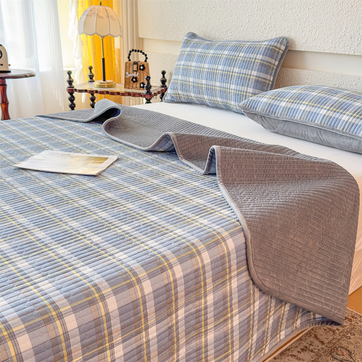 91家纺网 家纺一手货源 找家纺 恒爱家纺 2025新款全棉宝宝绒双拼床盖三件套 莫尼-蓝