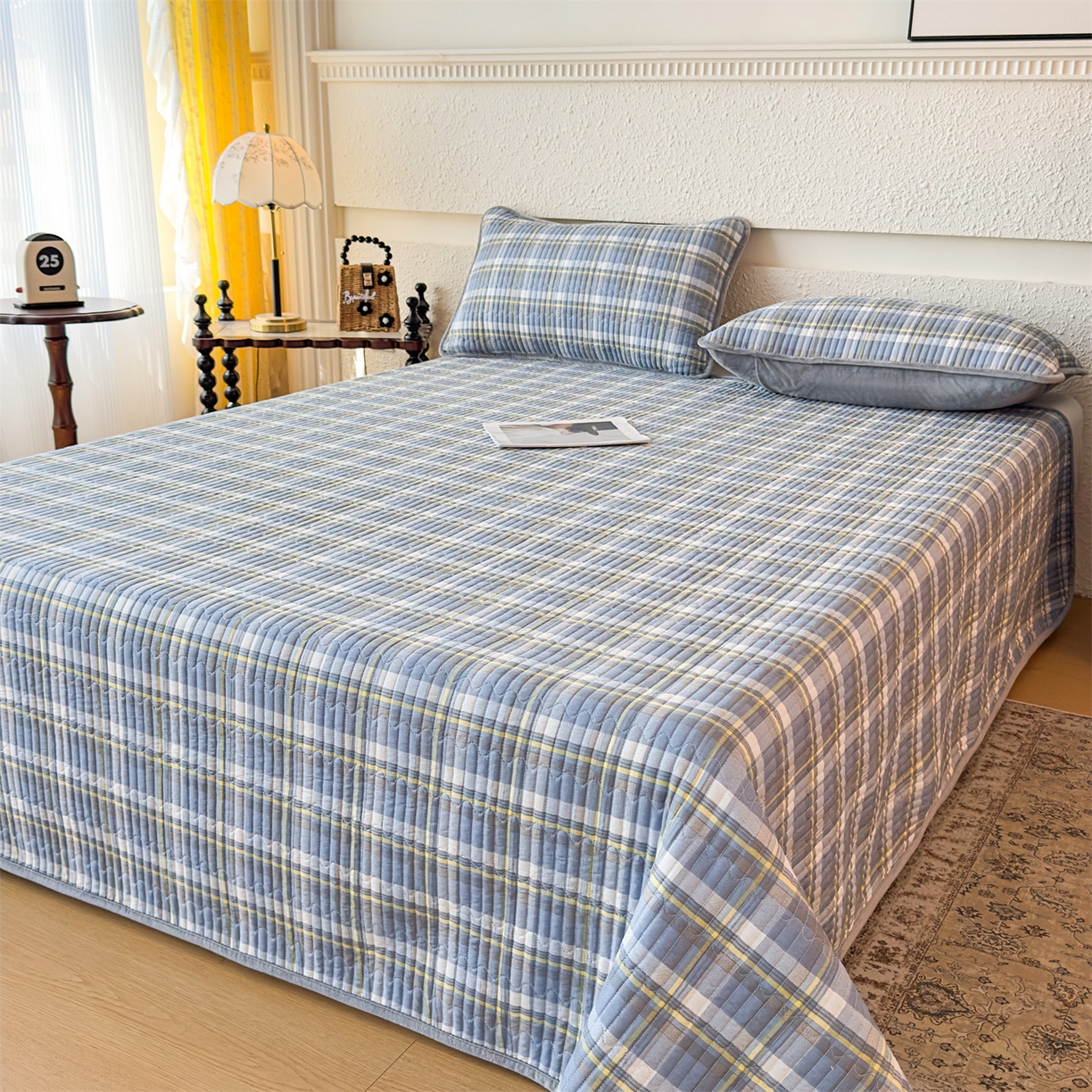 91家纺网 家纺一手货源 找家纺 恒爱家纺 2025新款全棉宝宝绒双拼床盖三件套 莫尼-蓝