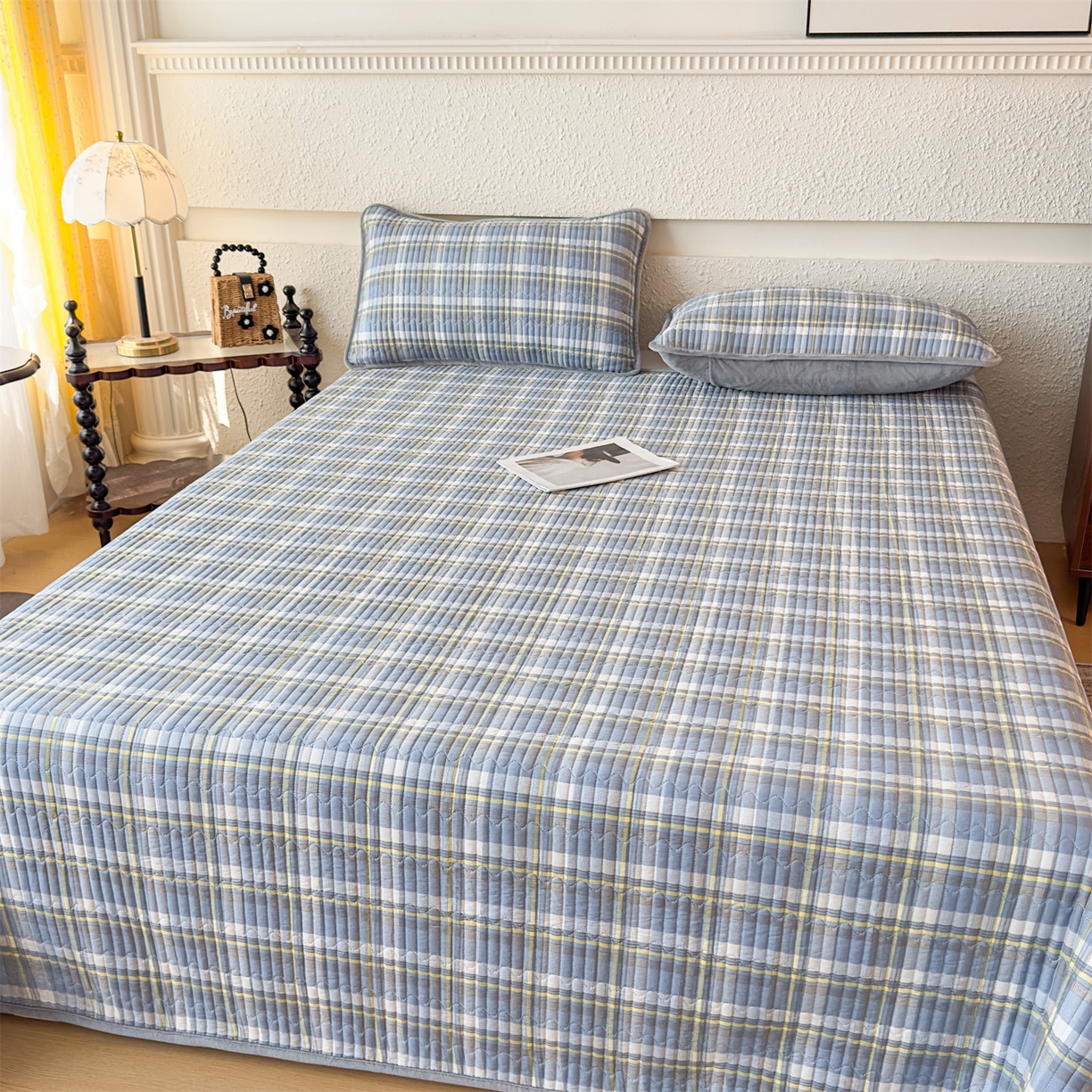 91家纺网 家纺一手货源 找家纺 恒爱家纺 2025新款全棉宝宝绒双拼床盖三件套 莫尼-蓝