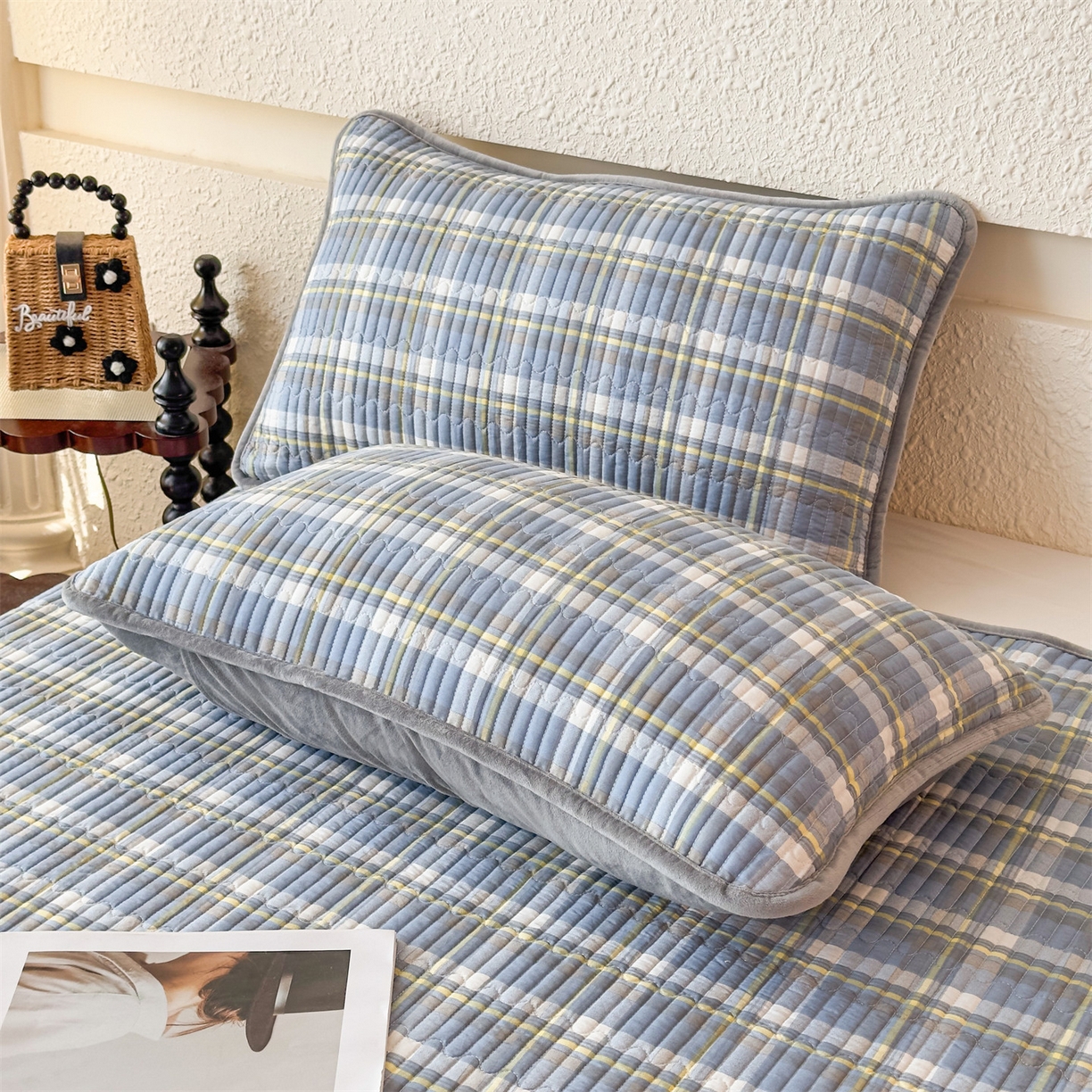 91家纺网 家纺一手货源 找家纺 恒爱家纺 2025新款全棉宝宝绒双拼床盖三件套 莫尼-蓝